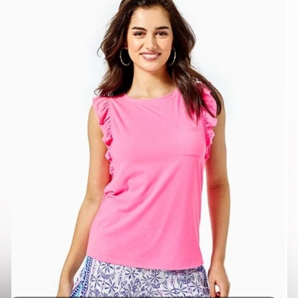 Lily Pulitzer Laina Ruffle Flutter Cap Sleeve Top Bonaire Hot Pink Resort M - Picture 1 of 11